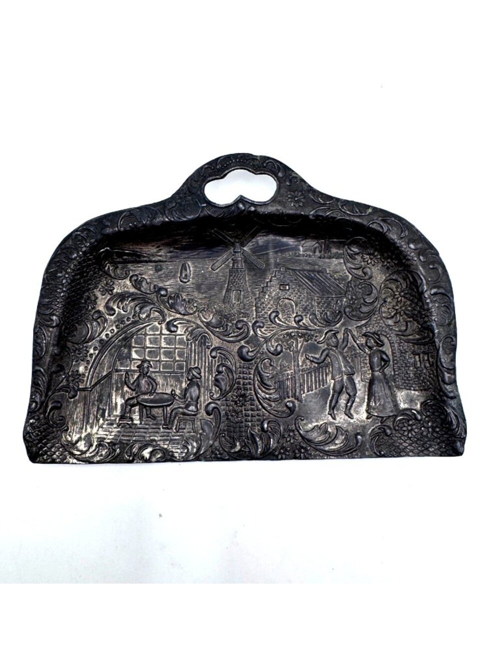 Vintage Japanese Silver Plated Table Crumb Dustpan  Embossed Dutch Scene Handle
